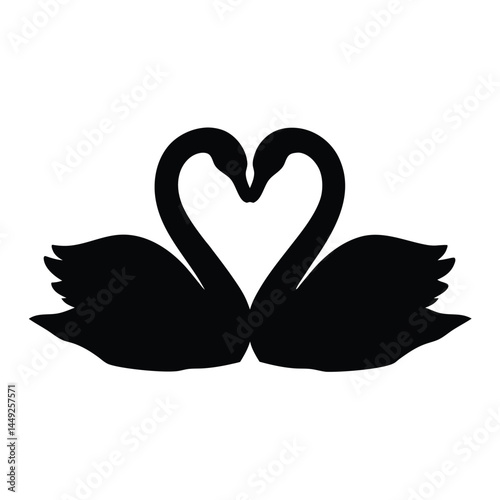 Black and white silhouette of two swans forming a heart shape