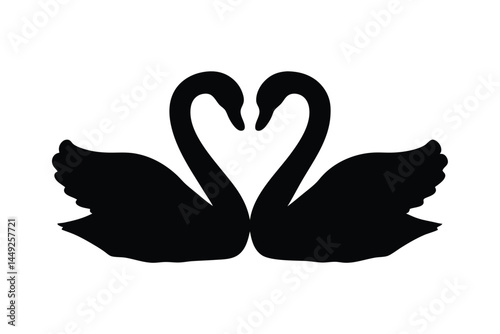 Black and white silhouette of two swans forming a heart shape