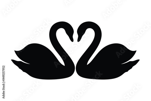 Black and white silhouette of two swans forming a heart shape