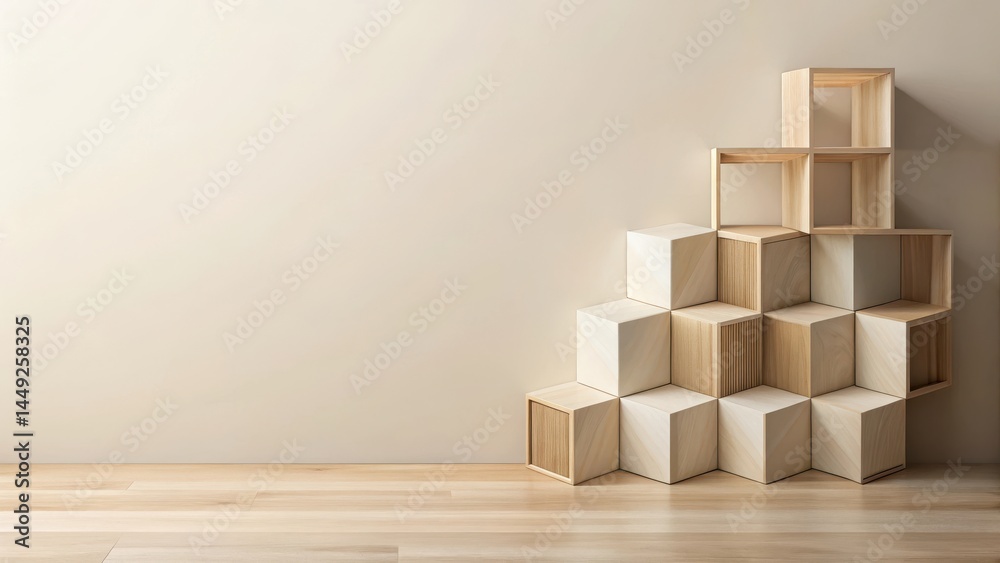 Geometric Cube Background with Light Beige Tones and Wooden Accents , template, minimalist style Geometric Cube Background with Light Beige Tones and Wooden Accents , template, minimalist style