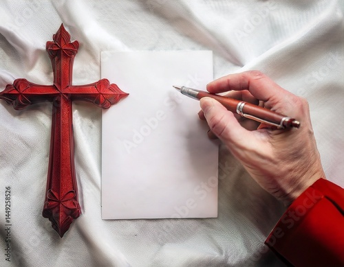 hand of a cardinal holding a pen with blank paper and a cross in front of him