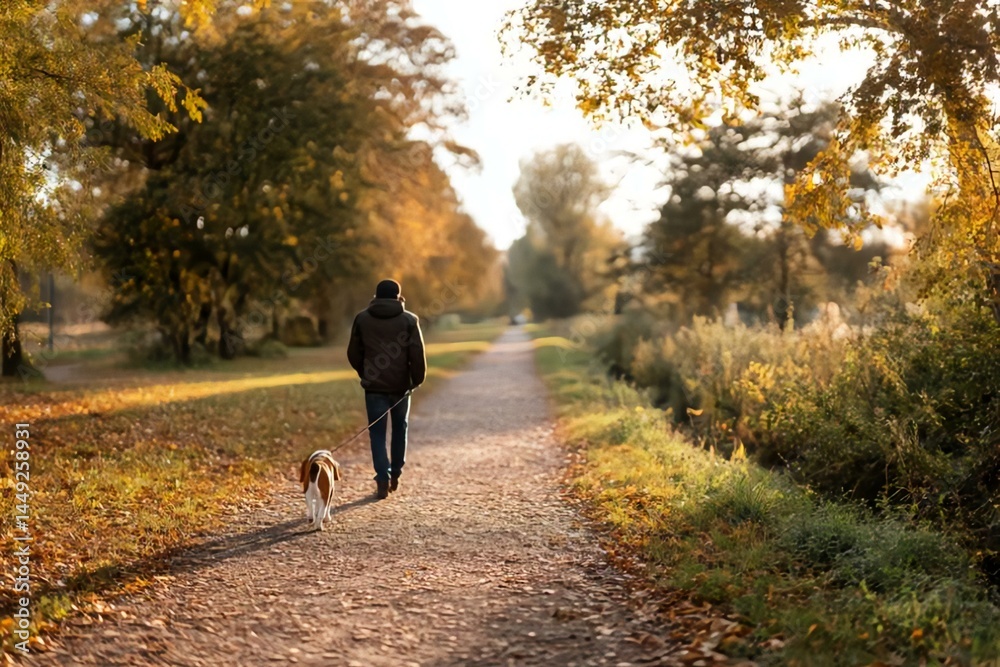 Man Walking Dog on Autumn Pathway Surrounded by Beautiful Foliage