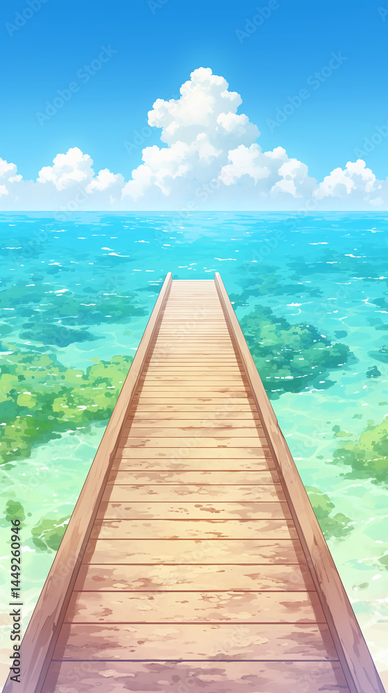 Fototapeta premium Tranquil Wooden Pier Extends into a Serene Tropical Ocean