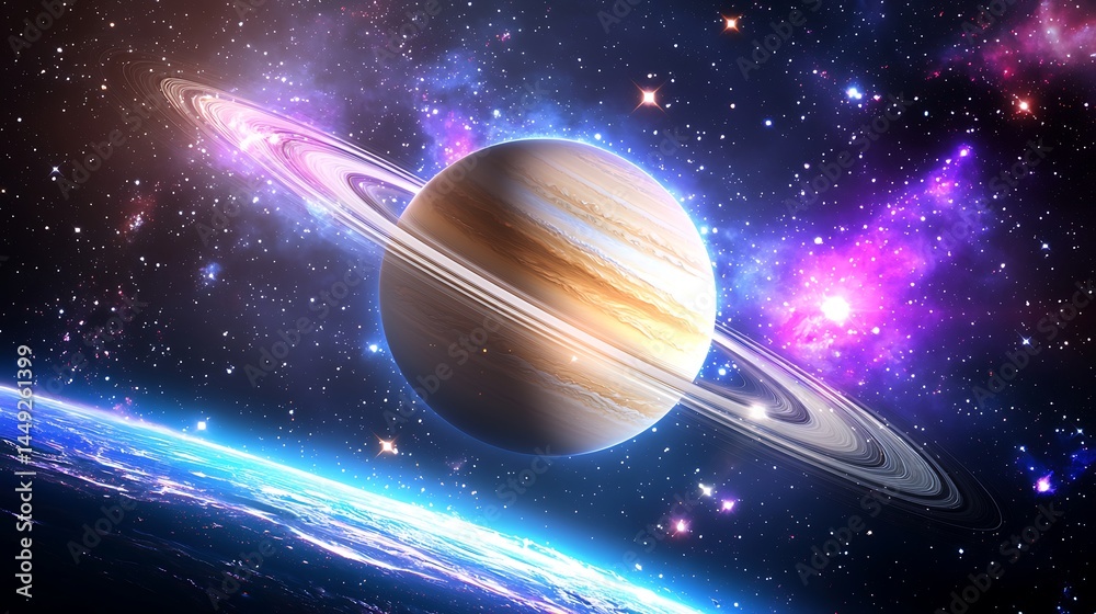 Naklejka premium Vibrant Ringed Planet in a Cosmic Nebula