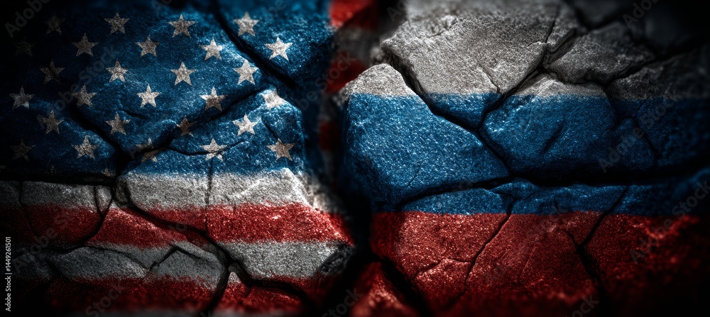 America and Russia relation. Trade tariff economy war. Import export manufacture. Politic agreement. Generative AI technology.