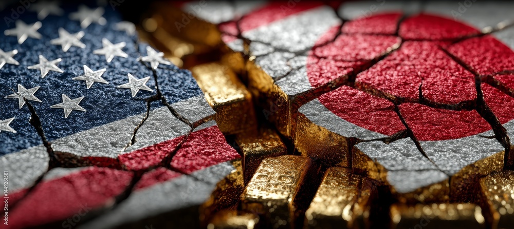 America and Japan flag split on crack gold bar. Import export trading market. Politic agreement. Generative AI technology.