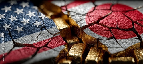 Obraz na płótnie America and Japan flag split on crack gold bar. Import export trading market. Politic agreement. Generative AI technology. w salonie