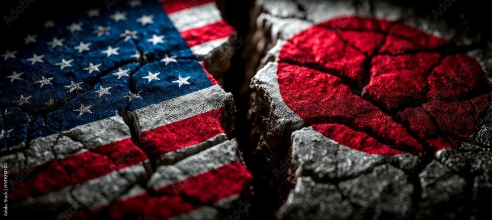America and Japan flag split on crack stone. Import export trading market. Politic agreement. Generative AI technology.