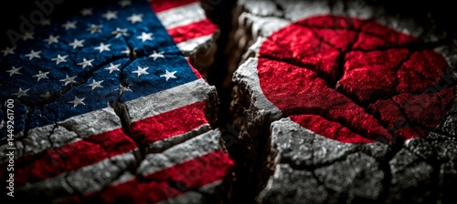 America and Japan flag split on crack stone. Import export trading market. Politic agreement. Generative AI technology.