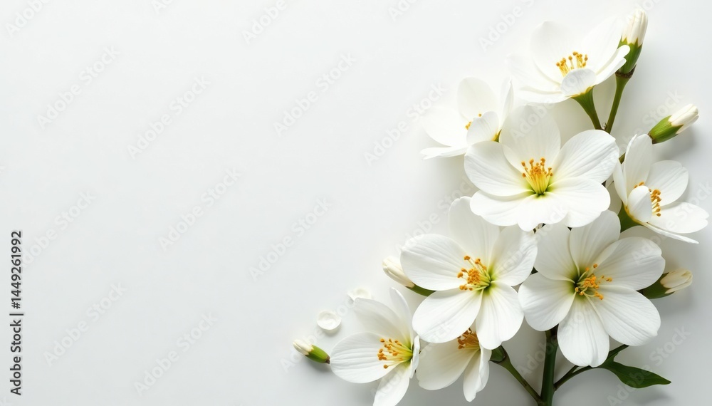 Fototapeta premium Elegant white floral arrangement on pure white background, purity, clean, white flowers