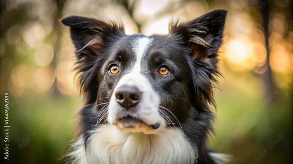 A border collie's face with its ears perked up and eyes focused on something in the distance, nose, white teeth, nose A border collie's face with its ears perked up and eyes focused on something in the distance, nose, white teeth, nose