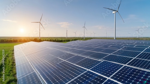 Renewable Energy Landscape: Solar Panels and Wind Turbines renewable energy solar panels wind farm
