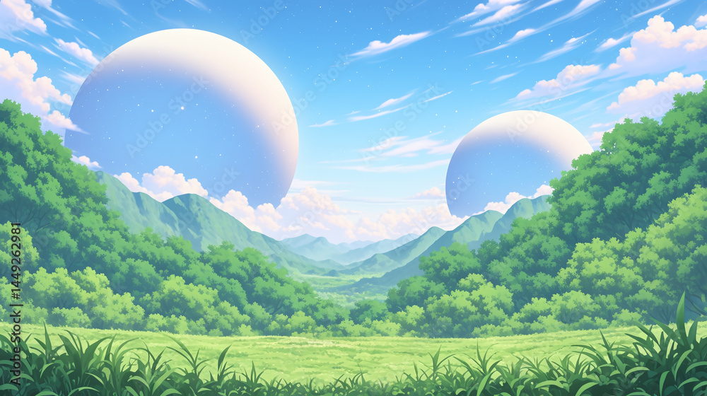 Obraz premium Serene Landscape with Floating Planets