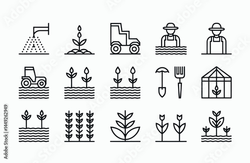 Simple Line Icons Depicting Various Agricultural Practices and Tools