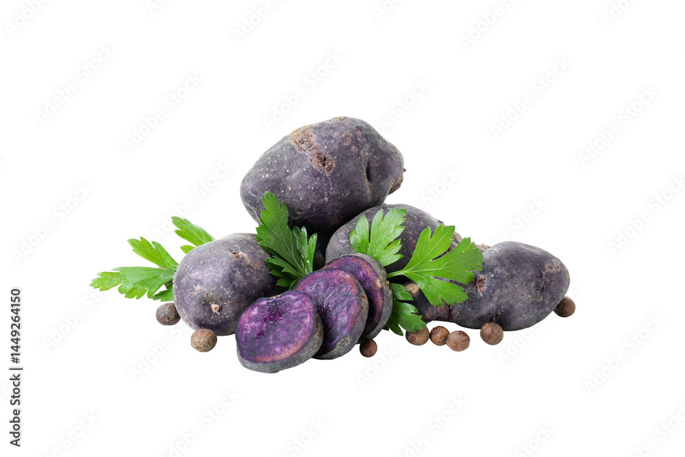 Concept of unusual vegetable - purple potato vegetable, isolated on white background