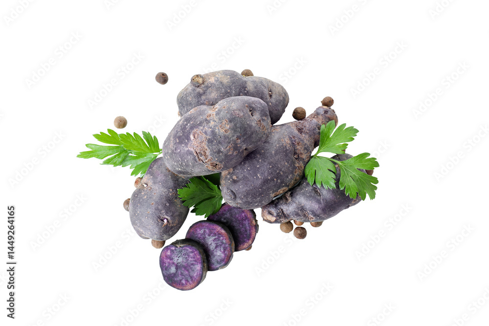 Concept of unusual vegetable - purple potato vegetable, isolated on white background