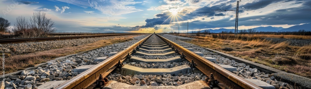 Fototapeta premium Railway tracks leading towards a colorful sky at sunset.