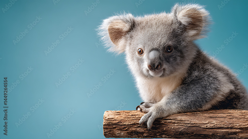 Fototapeta premium A cute koala perched on a wooden branch against a soft blue background, capturing attention