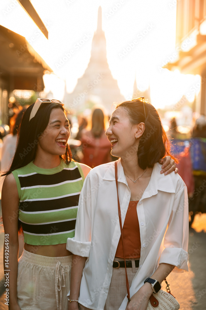 Φωτογραφία Two happy tourists laughing while visiting bangkok
