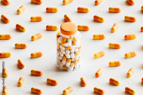 Bottle of orange and white pills on a minimal background
