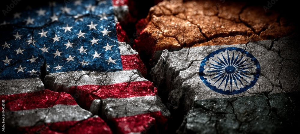 Split crack between America and India flag. Trade economy war. Import export manufacture. Politic agreement.Generative AI technology.