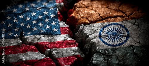 Obraz na płótnie Split crack between America and India flag. Trade economy war. Import export manufacture. Politic agreement.Generative AI technology.
w salonie