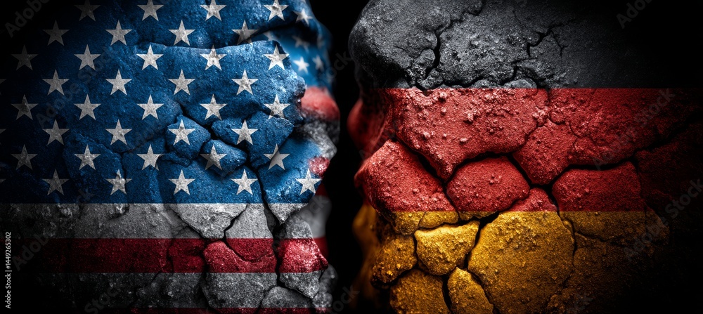 Split crack between America and German flag. Trade economy war. Import export manufacture. Politic agreement.Generative AI technology.