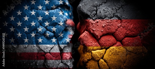 Obraz na płótnie Split crack between America and German flag. Trade economy war. Import export manufacture. Politic agreement.Generative AI technology.
w salonie