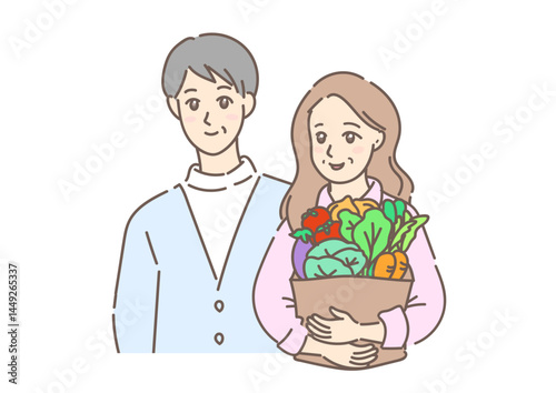 たくさんの新鮮な野菜を抱えて歩く、買い物帰りの素敵な初老の夫婦（背景なし）
