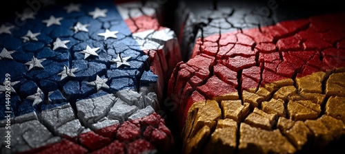 Obraz na płótnie America and German flag split on crack stone. Import export trading market. Politic agreement. Generative AI technology. w salonie