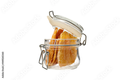 PNG,Dried mango in a glass container, isolated on white background