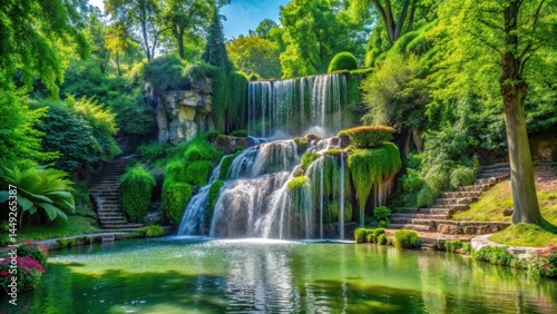 Waterfall in Tivoli Park with lush greenery and trees, water feature photo