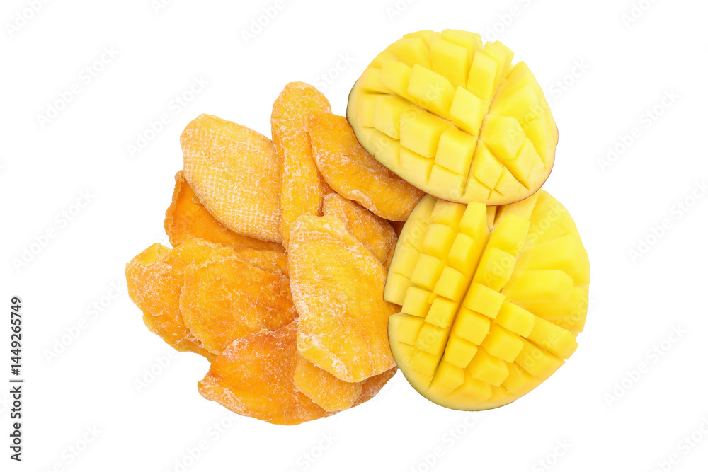 PNG,Fresh and dried mangoes, isolated on white background