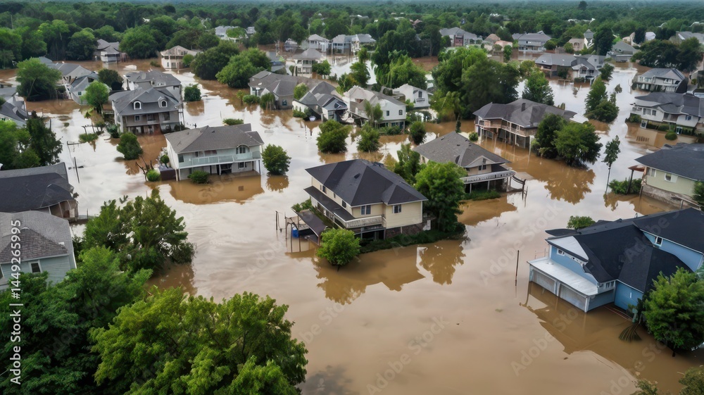 A view of a flooded residential area, with homes surrounded by water and trees partially submerged, showing the impact of heavy rains