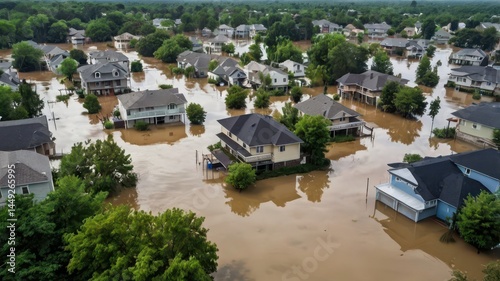 Obraz na płótnie A view of a flooded residential area, with homes surrounded by water and trees partially submerged, showing the impact of heavy rains w salonie