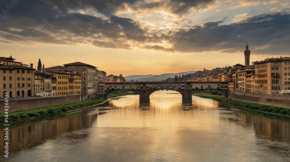 A picturesque scene of Florence’s cityscape with the famous Duomo standing tall, surrounded by historic buildings and the Arno River reflecting the warm afternoon light