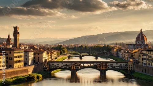 Obraz na płótnie A picturesque scene of Florence’s cityscape with the famous Duomo standing tall, surrounded by historic buildings and the Arno River reflecting the warm afternoon light w salonie