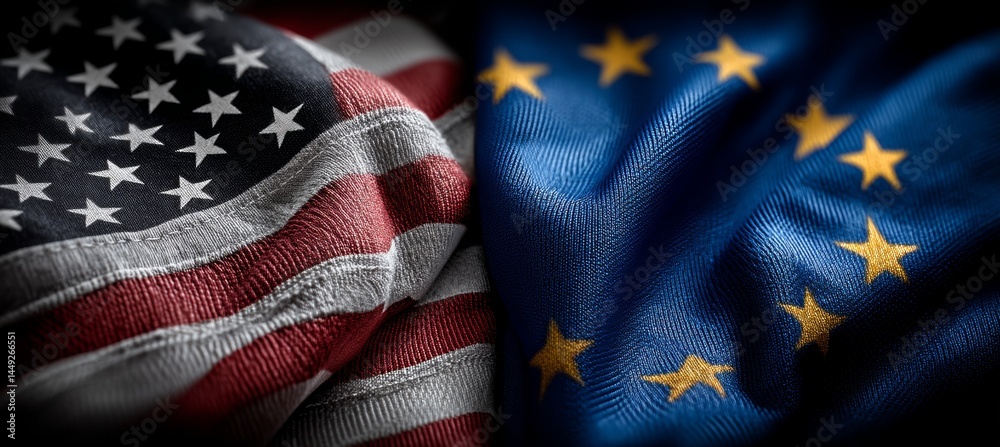 America and EU flag. Trade economy war. Import export manufacture. Politic agreement. Generative AI technology.