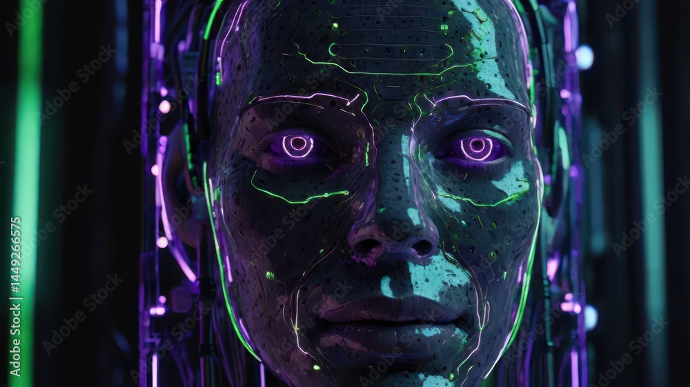 Close-up of a digital AI face with neon green and purple light accents, demonstrating the advanced neural networks and processing power in a cybernetic environment