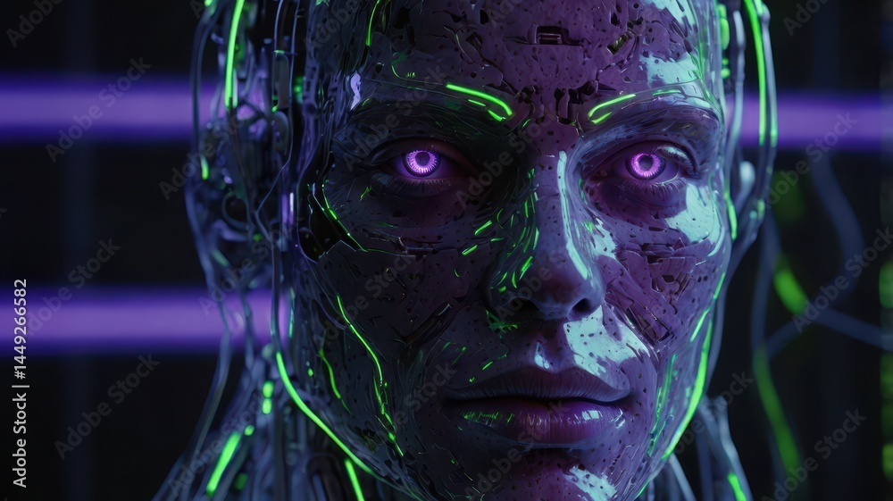 Close-up of a digital AI face with neon green and purple light accents, demonstrating the advanced neural networks and processing power in a cybernetic environment