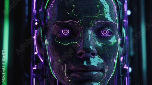 Obraz na płótnie Close-up of a digital AI face with neon green and purple light accents, demonstrating the advanced neural networks and processing power in a cybernetic environment w salonie