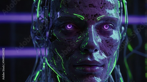 Obraz na płótnie Close-up of a digital AI face with neon green and purple light accents, demonstrating the advanced neural networks and processing power in a cybernetic environment w salonie