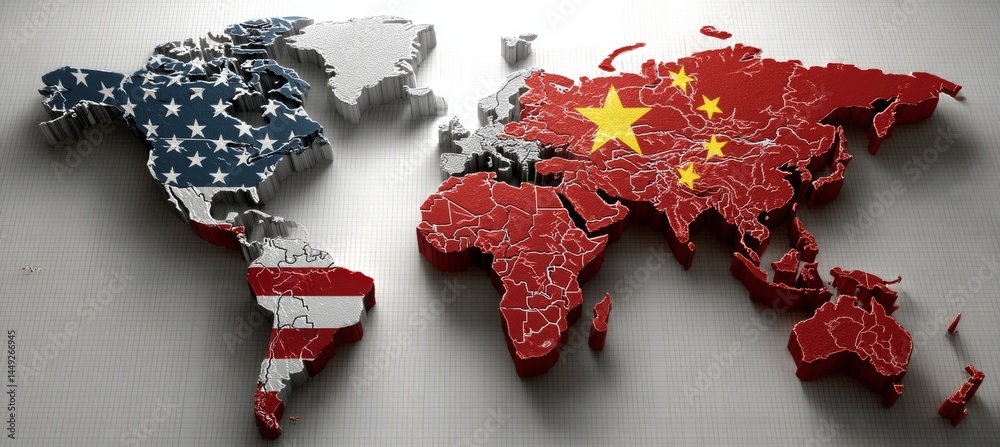 World map with America versus China flag conquer the global economy. Import export trading market. Generative AI technology.