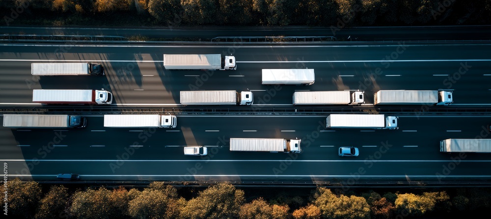 Top view lorry container truck at highway. Cargo courier transport import export concept. Generative AI technology.