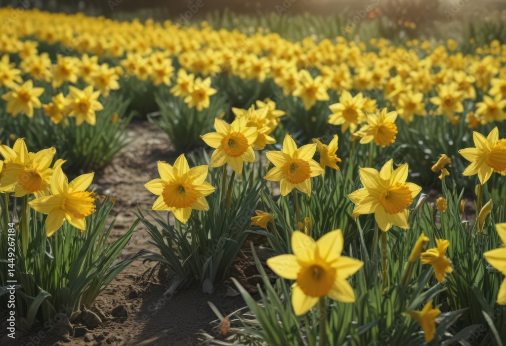 Fototapeta premium Sunlit field of vibrant yellow daffodils in full bloom , field, joy