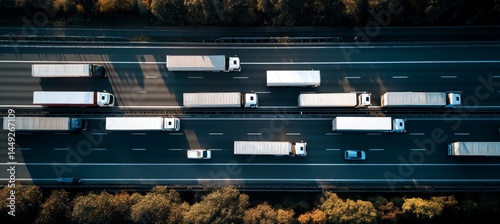 Obraz na płótnie Top view lorry container truck at highway. Cargo courier transport import export concept. Generative AI technology.
w salonie