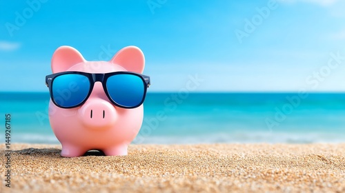 Piggy Bank in Sunglasses on Sandy Beach with Clear Blue Ocean