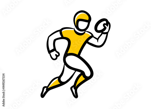 Vector Illustration of an American Football Player in Action Holding a Ball – Dynamic Pose with Yellow Jersey and Helmet, Highlighting Athleticism