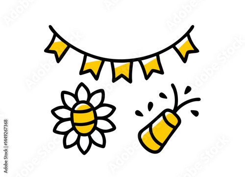 Vector Illustration of Festive Elements: Yellow Triangular Flags, Flower with White Petals, and Party Popper with Confetti – Minimalist Design for Celebratory Themes