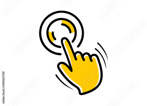 Vector Illustration of a Stylized Yellow Hand Pressing a Button with Concentric Circle Design – Minimalist Concept for User Interaction and Digital Interfaces